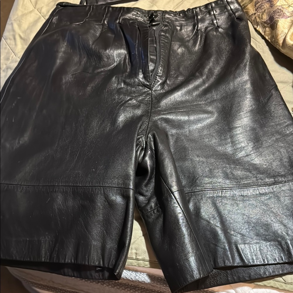 Black Flat Front Leather Shorts with Elastic Waistband